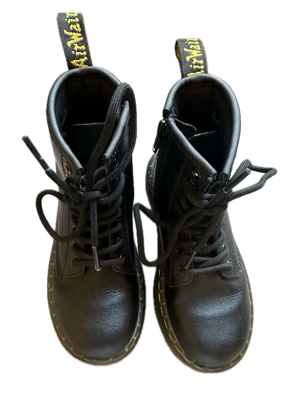 Dr. Martens Kids Black Lace-Up Boots with Yellow Stitching - Picture 2 of 7
